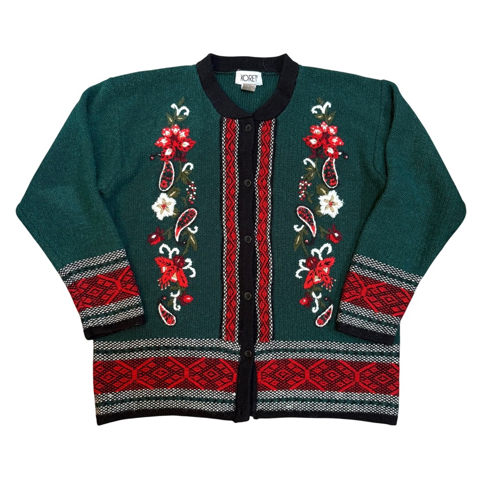 Vintage Green Christmas Floral Button Front Cardigan Sweater Folk Grandma Core